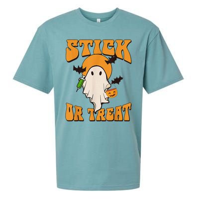 Retro Stick Or Treat Nurse Halloween Ghost Spooky Season Sueded Cloud Jersey T-Shirt