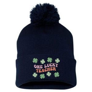 Retro Shamrock One Lucky Teacher St. Patrick's Day School Pom Pom 12in Knit Beanie