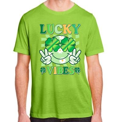 Retro St Patricks Day Lucky Vibes Peace Smiley Emoji Adult ChromaSoft Performance T-Shirt