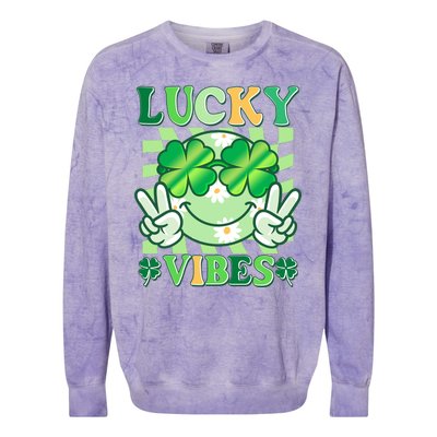 Retro St Patricks Day Lucky Vibes Peace Smiley Emoji Colorblast Crewneck Sweatshirt