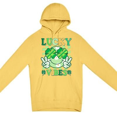 Retro St Patricks Day Lucky Vibes Peace Smiley Emoji Premium Pullover Hoodie