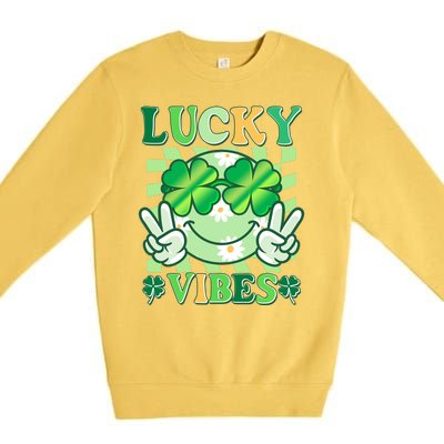 Retro St Patricks Day Lucky Vibes Peace Smiley Emoji Premium Crewneck Sweatshirt