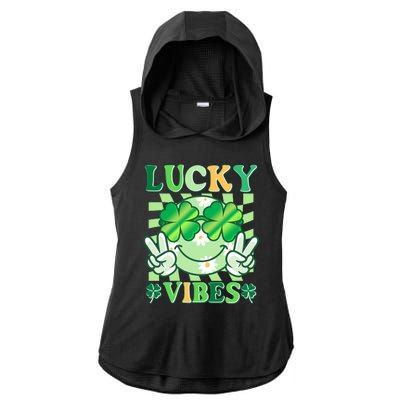 Retro St Patricks Day Lucky Vibes Peace Smiley Emoji Ladies PosiCharge Tri-Blend Wicking Draft Hoodie Tank