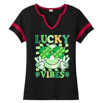 Retro St Patricks Day Lucky Vibes Peace Smiley Emoji Ladies Halftime Notch Neck Tee