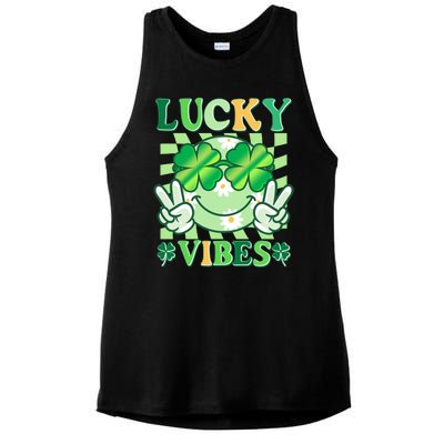 Retro St Patricks Day Lucky Vibes Peace Smiley Emoji Ladies PosiCharge Tri-Blend Wicking Tank