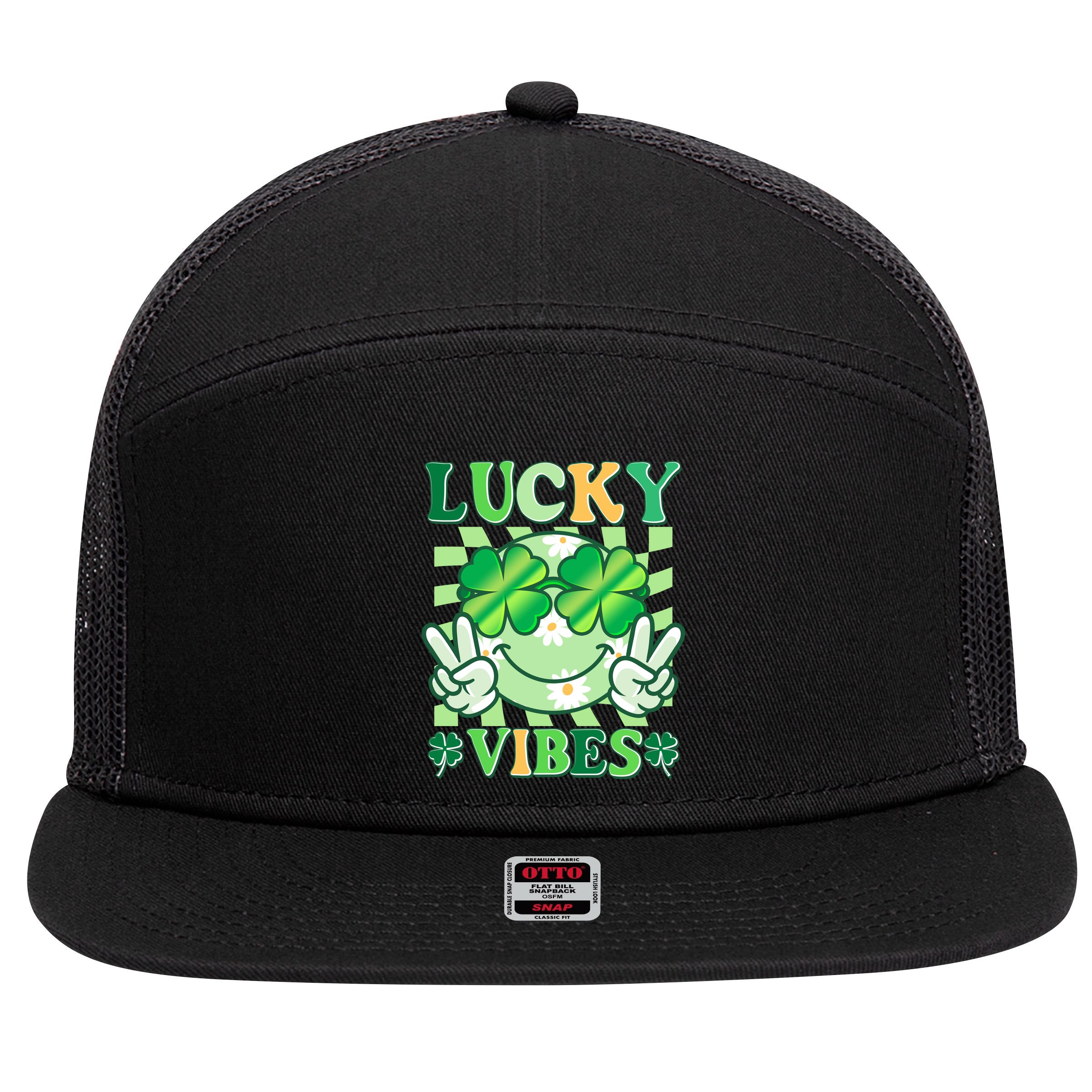 Retro St Patricks Day Lucky Vibes Peace Smiley Emoji 7 Panel Mesh Trucker Snapback Hat