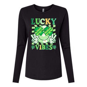 Retro St Patricks Day Lucky Vibes Peace Smiley Emoji Womens Cotton Relaxed Long Sleeve T-Shirt