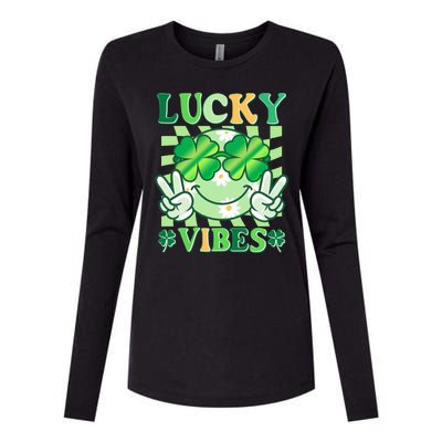 Retro St Patricks Day Lucky Vibes Peace Smiley Emoji Womens Cotton Relaxed Long Sleeve T-Shirt