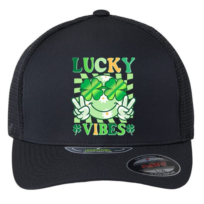 Retro St Patricks Day Lucky Vibes Peace Smiley Emoji Flexfit Unipanel Trucker Cap
