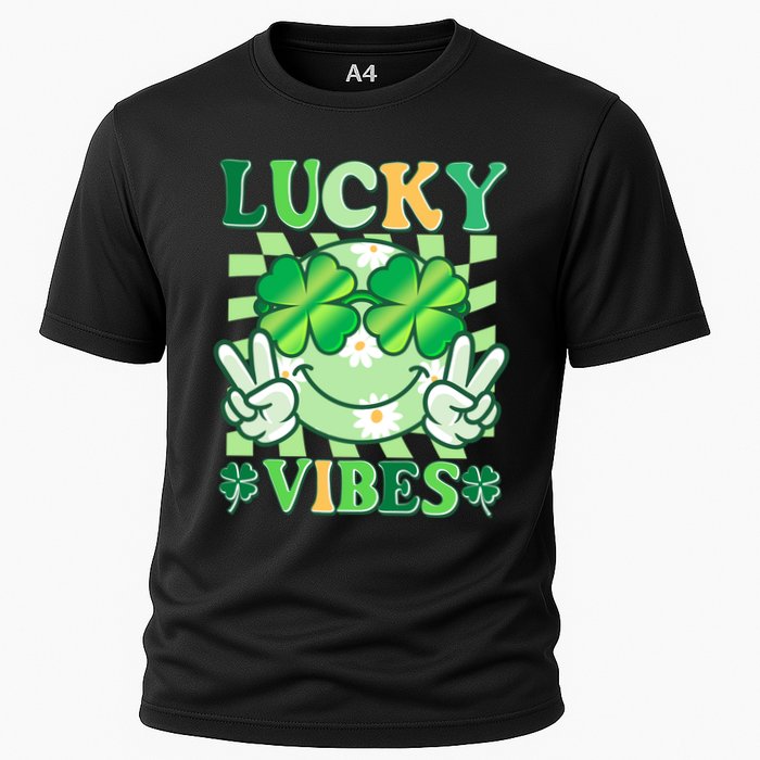 Retro St Patricks Day Lucky Vibes Peace Smiley Emoji Cooling Performance Crew T-Shirt