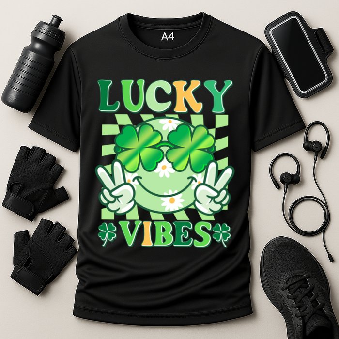 Retro St Patricks Day Lucky Vibes Peace Smiley Emoji Cooling Performance Crew T-Shirt