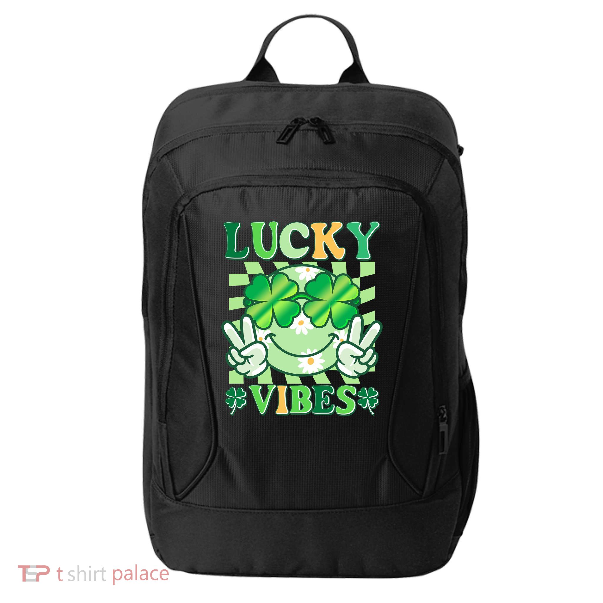 Retro St Patricks Day Lucky Vibes Peace Smiley Emoji City Backpack