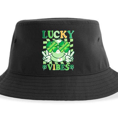 Retro St Patricks Day Lucky Vibes Peace Smiley Emoji Sustainable Bucket Hat