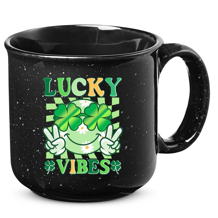 Retro St Patricks Day Lucky Vibes Peace Smiley Emoji 15oz Campfire Ceramic Mug