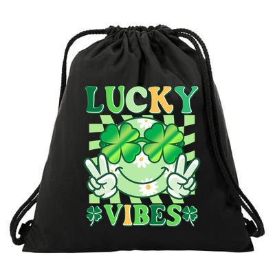 Retro St Patricks Day Lucky Vibes Peace Smiley Emoji Drawstring Bag