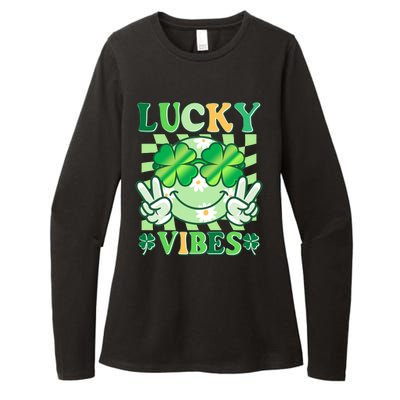 Retro St Patricks Day Lucky Vibes Peace Smiley Emoji Womens CVC Long Sleeve Shirt