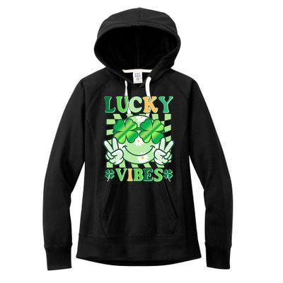 Retro St Patricks Day Lucky Vibes Peace Smiley Emoji Women's Fleece Hoodie