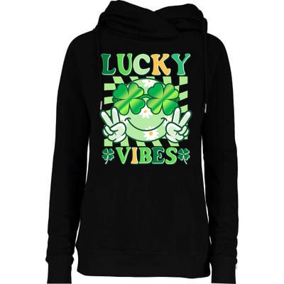 Retro St Patricks Day Lucky Vibes Peace Smiley Emoji Womens Funnel Neck Pullover Hood