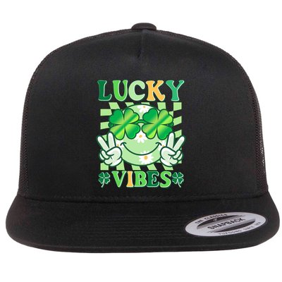 Retro St Patricks Day Lucky Vibes Peace Smiley Emoji Flatbill Hat