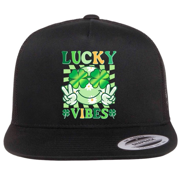 Retro St Patricks Day Lucky Vibes Peace Smiley Emoji Flat Bill Trucker Hat