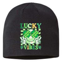 Retro St Patricks Day Lucky Vibes Peace Smiley Emoji Sustainable Beanie