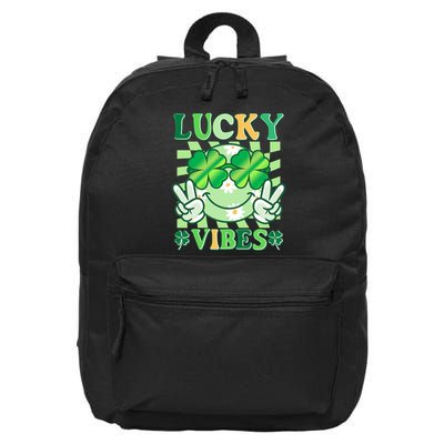 Retro St Patricks Day Lucky Vibes Peace Smiley Emoji 16 in Basic Backpack