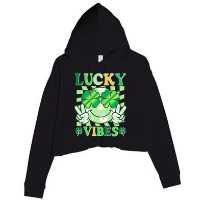 Retro St Patricks Day Lucky Vibes Peace Smiley Emoji Crop Fleece Hoodie