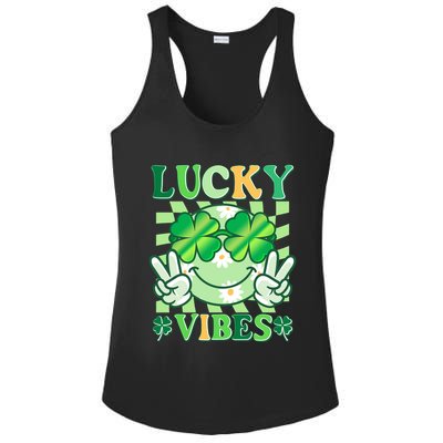 Retro St Patricks Day Lucky Vibes Peace Smiley Emoji Ladies PosiCharge Competitor Racerback Tank
