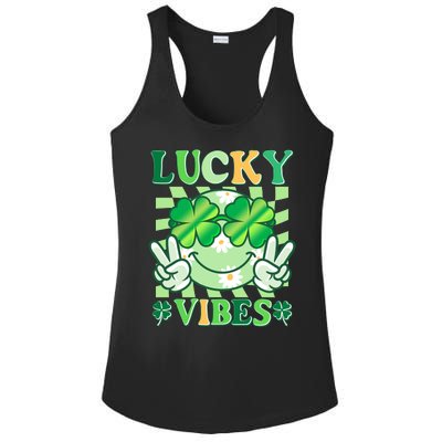 Retro St Patricks Day Lucky Vibes Peace Smiley Emoji Ladies PosiCharge Competitor Racerback Tank