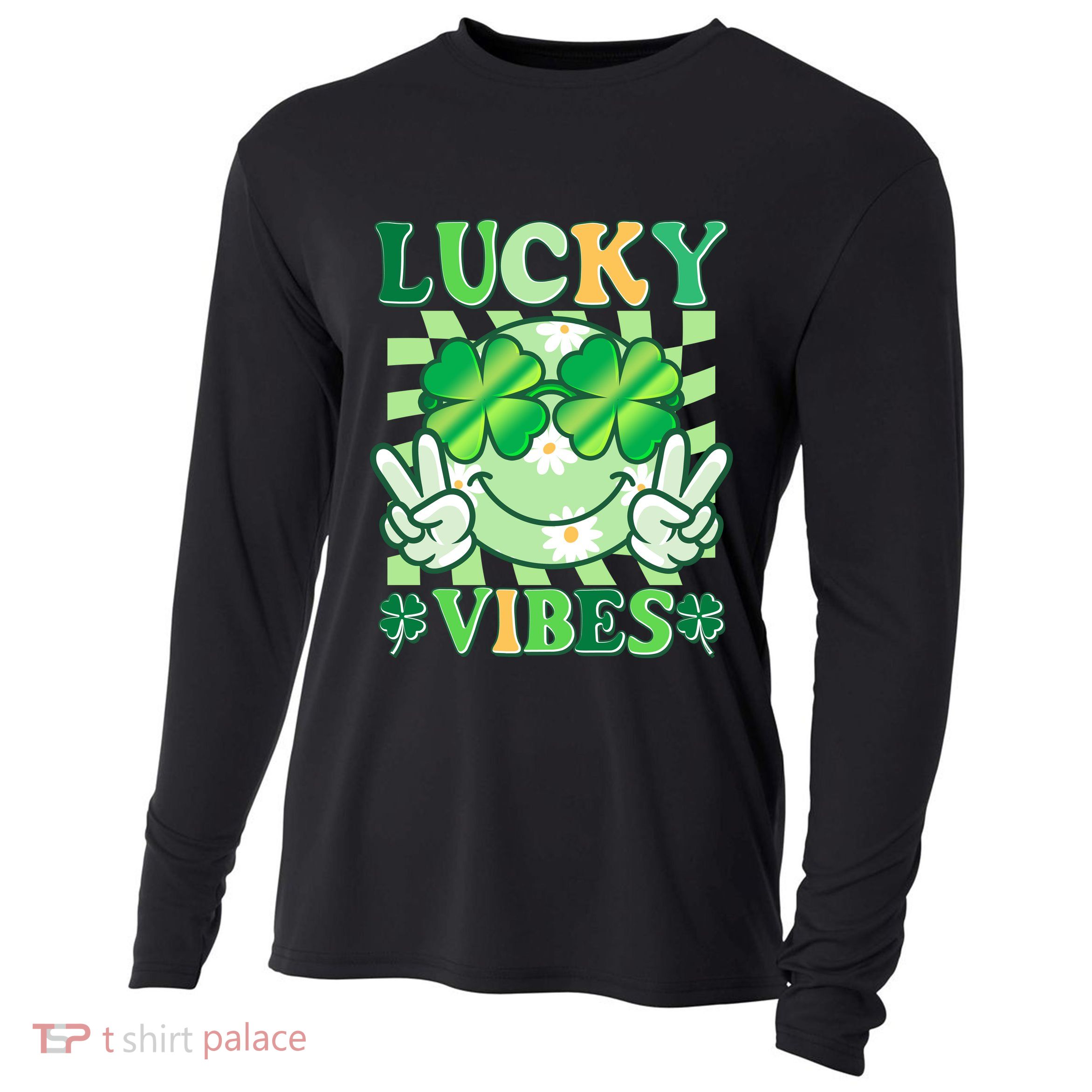 Retro St Patricks Day Lucky Vibes Peace Smiley Emoji Cooling Performance Long Sleeve Crew
