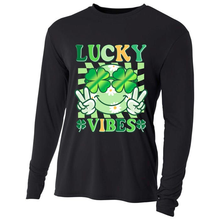 Retro St Patricks Day Lucky Vibes Peace Smiley Emoji Cooling Performance Long Sleeve Crew