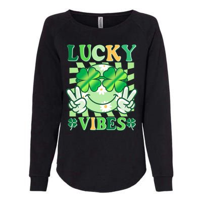 Retro St Patricks Day Lucky Vibes Peace Smiley Emoji Womens California Wash Sweatshirt