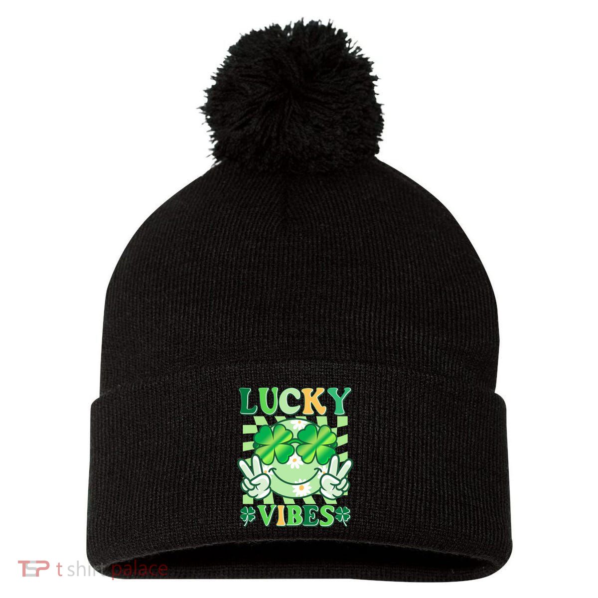 Retro St Patricks Day Lucky Vibes Peace Smiley Emoji Pom Pom 12in Knit Beanie