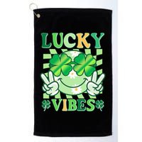 Retro St Patricks Day Lucky Vibes Peace Smiley Emoji Golf Towel