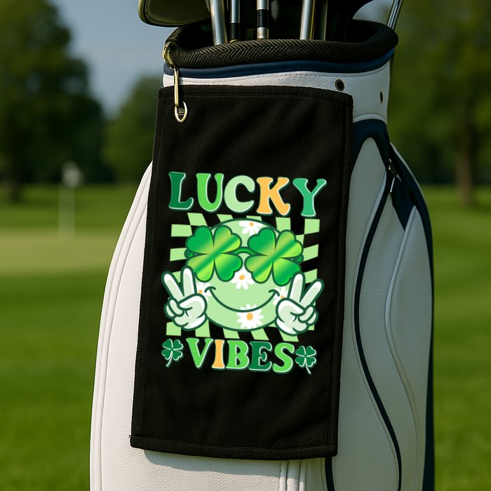 Retro St Patricks Day Lucky Vibes Peace Smiley Emoji Golf Towel