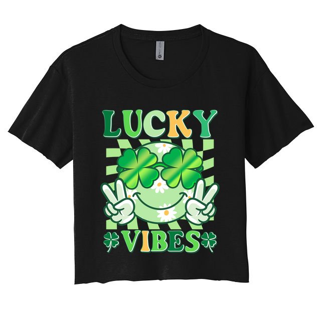 Retro St Patricks Day Lucky Vibes Peace Smiley Emoji Crop Top