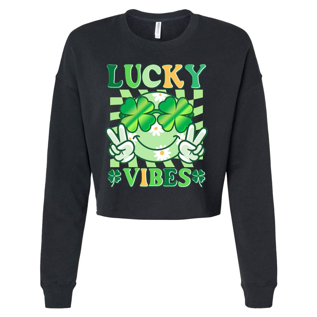 Retro St Patricks Day Lucky Vibes Peace Smiley Emoji Cropped Pullover Crew