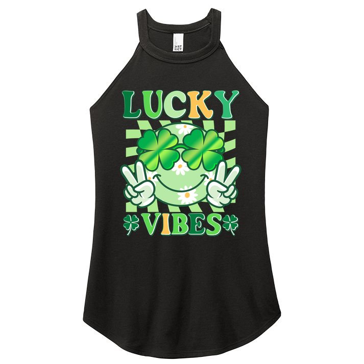 Retro St Patricks Day Lucky Vibes Peace Smiley Emoji Women's Perfect Tri Rocker Tank