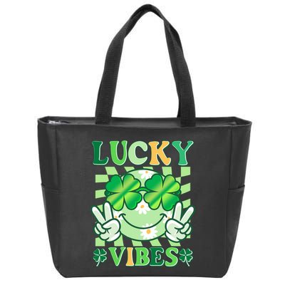 Retro St Patricks Day Lucky Vibes Peace Smiley Emoji Zip Tote Bag
