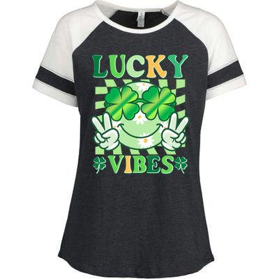 Retro St Patricks Day Lucky Vibes Peace Smiley Emoji Enza Ladies Jersey Colorblock Tee