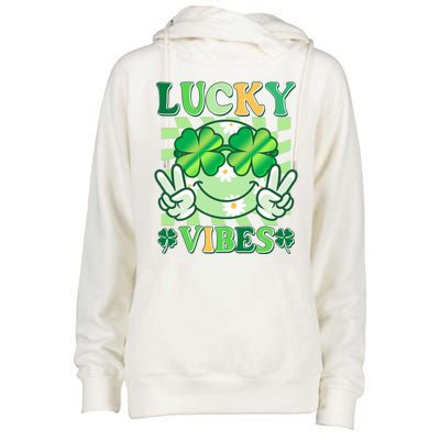 Retro St Patricks Day Lucky Vibes Peace Smiley Emoji Womens Funnel Neck Pullover Hood