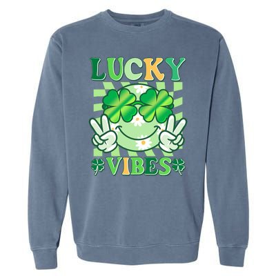 Retro St Patricks Day Lucky Vibes Peace Smiley Emoji Garment-Dyed Sweatshirt