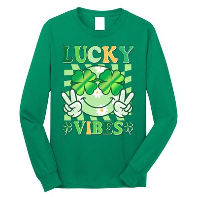 Retro St Patricks Day Lucky Vibes Peace Smiley Emoji Long Sleeve Shirt