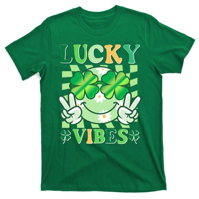 Retro St Patricks Day Lucky Vibes Peace Smiley Emoji T-Shirt