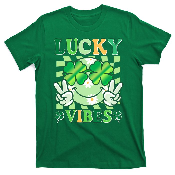 Retro St Patricks Day Lucky Vibes Peace Smiley Emoji T-Shirt