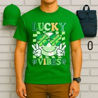 Retro St Patricks Day Lucky Vibes Peace Smiley Emoji T-Shirt