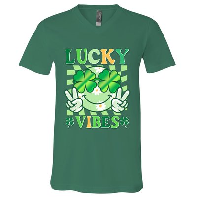 Retro St Patricks Day Lucky Vibes Peace Smiley Emoji V-Neck T-Shirt