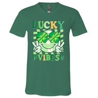 Retro St Patricks Day Lucky Vibes Peace Smiley Emoji V-Neck T-Shirt