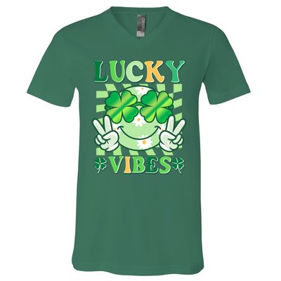 Retro St Patricks Day Lucky Vibes Peace Smiley Emoji V-Neck T-Shirt