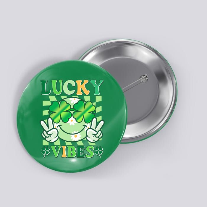 Retro St Patricks Day Lucky Vibes Peace Smiley Emoji Button
